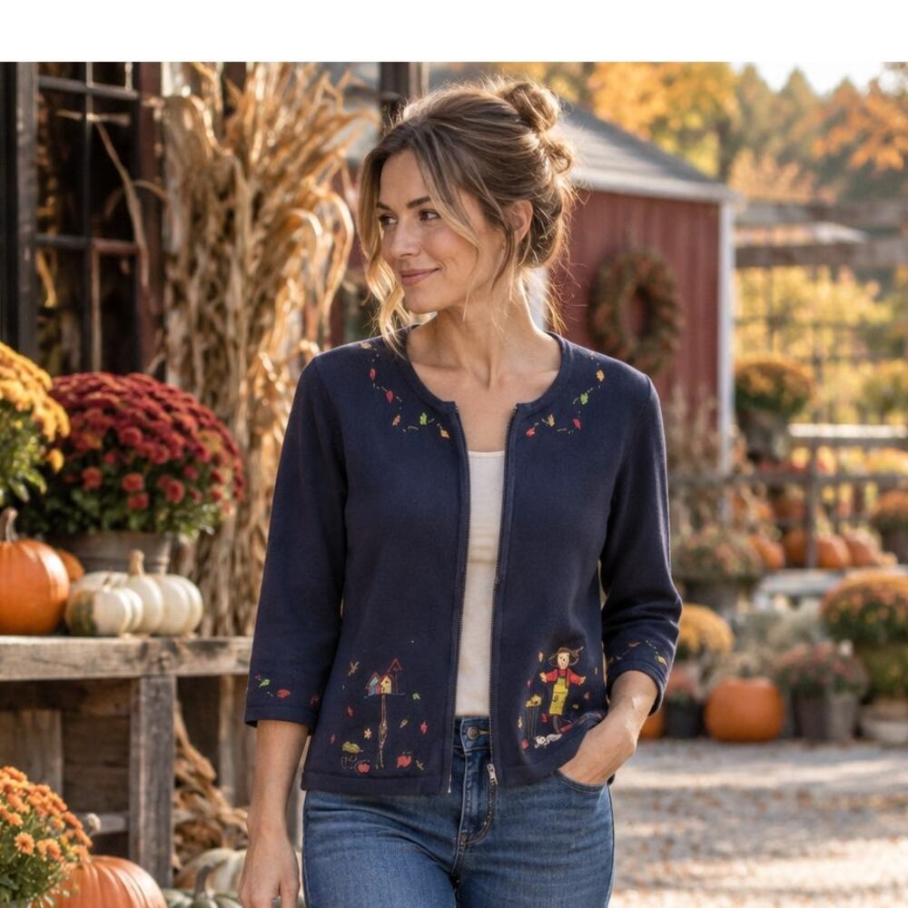 Autumn Embroidered Cotton Cardigan S Scarecrow Leaves Harvest Fall Cottagecore